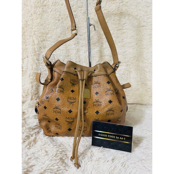 MCM Leather Drawstring Bucket Bag - Visetos Cognac - Picture 2 of 14